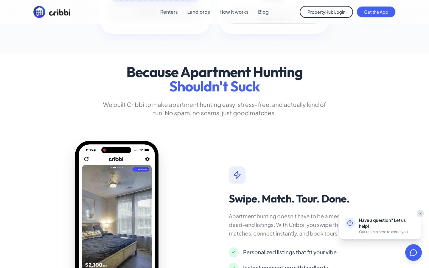Cribbi swipe, match, and tour product section