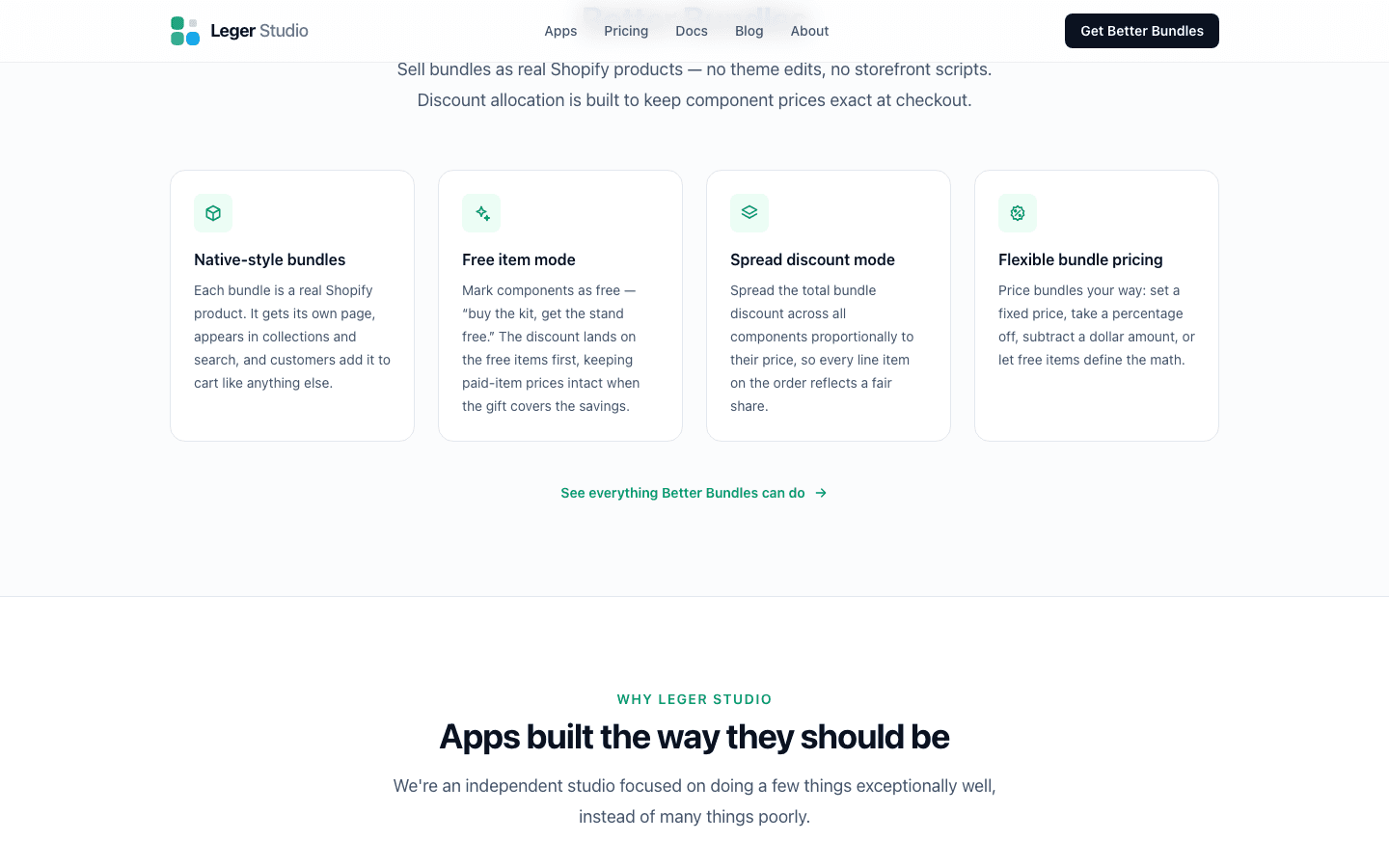 Leger Studio app lineup featuring Better Bundles
